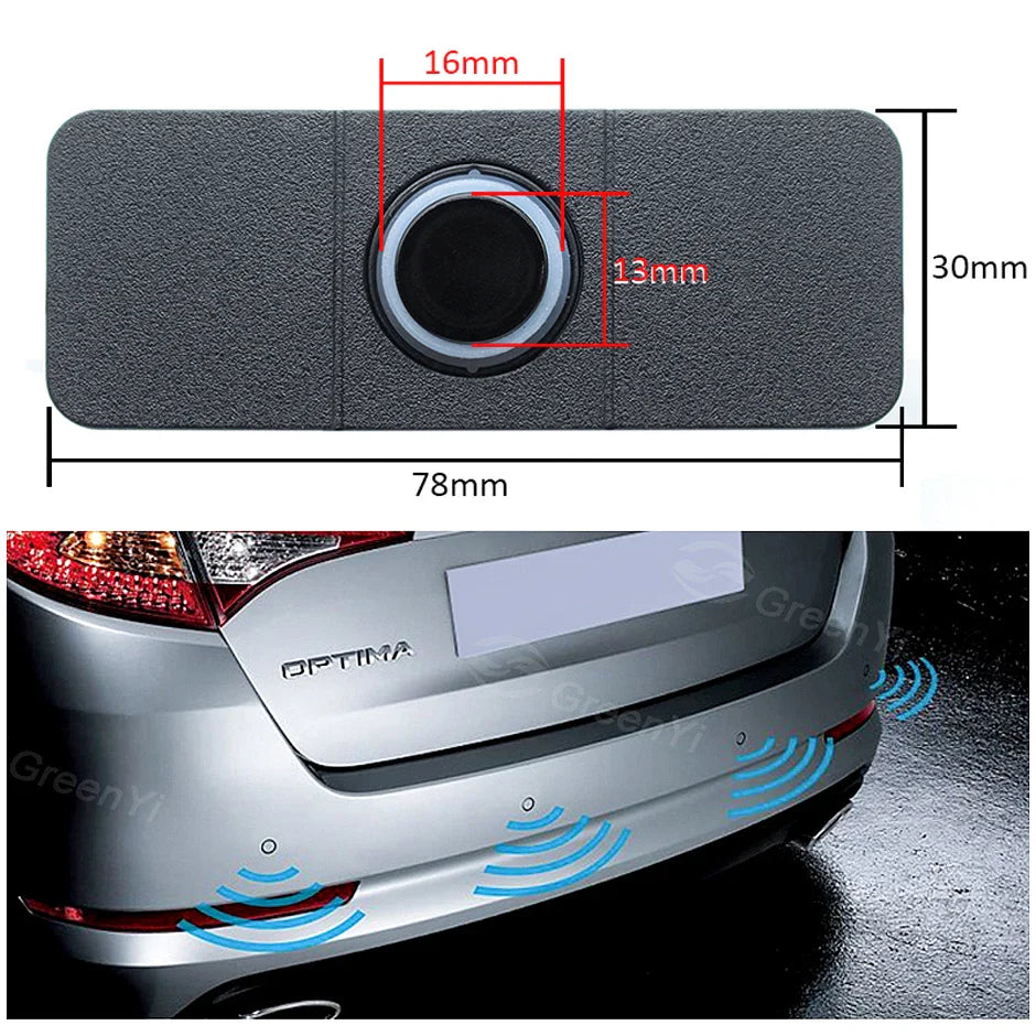 GreenYi Car Parking Sensor System - Parktronics with 4 Flat Sensors (Black/Silver/White, 13mm), Reverse Radar with Buzzer Alarm