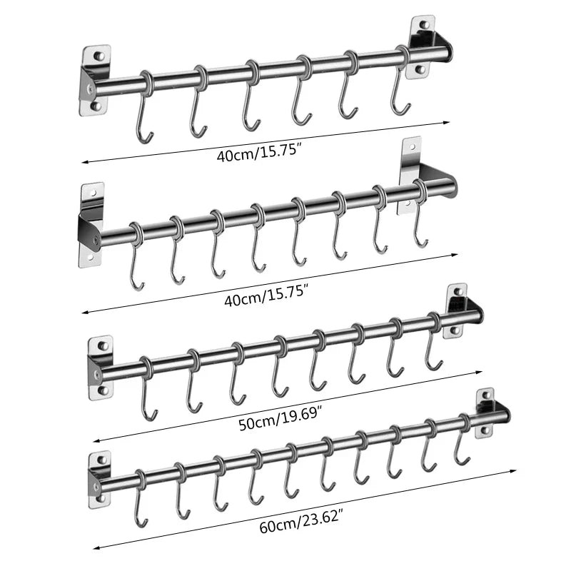 Wall Mounted Stainless Steel Utensil Rack – Kitchen Hanging Rail with 6/8/10 Removable Hooks Organizer