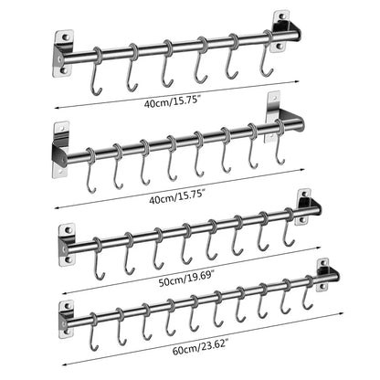 Wall Mounted Stainless Steel Utensil Rack – Kitchen Hanging Rail with 6/8/10 Removable Hooks Organizer