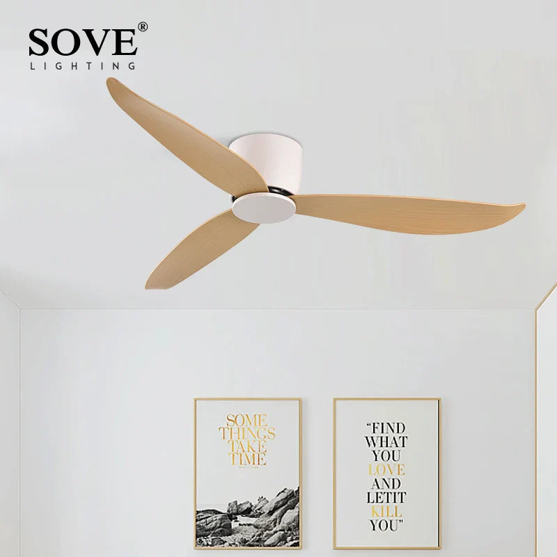 SOVE Modern Black & White Low Floor Ceiling Fan – 30W DC Motor with Remote Control, No Light, 220V