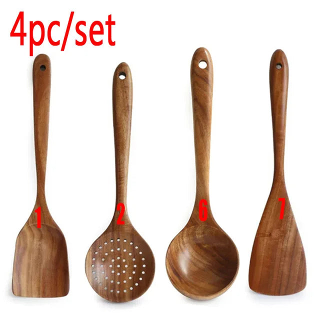 1-9pcs Teak Wood Tableware Set – Natural Wooden Cooking Spoons, Colander Spoon & Soup Skimmer Kitchen Tool Kit