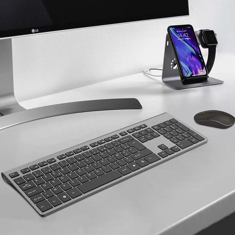 France Layout Wireless Keyboard and Mouse Combo – Full-Size Slim AZERTY Numeric Keypad, Rechargeable Built-In Battery Set