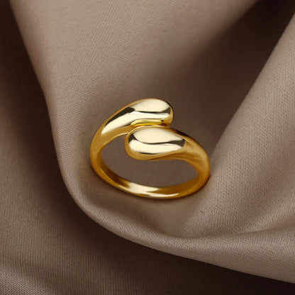 Stainless Steel Smooth Double Ball Beads Rings: Open Gold Color Geometric Wedding Couple Rings - Aesthetic Jewelry Gift for Women