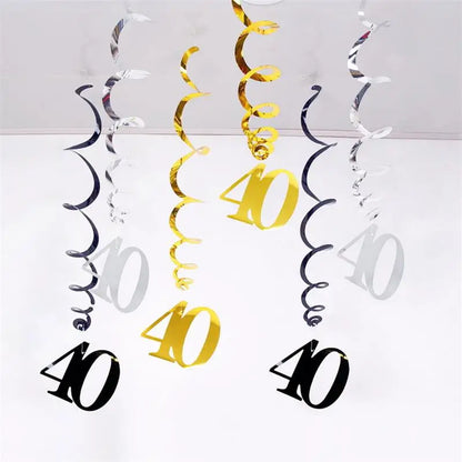 6pcs Spiral Birthday Swirls Hanging Ornaments - Black, Gold, Silver for 18, 21, 25, 30, 40, 50, 60, 70, 80, 90 Years Old, Birthday Decor