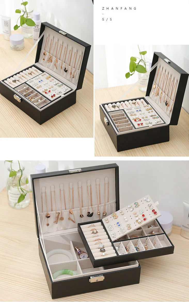 Double-Layer Wooden Jewelry Box – PU Leather Ring & Accessory Organizer with Storage and Makeup Case