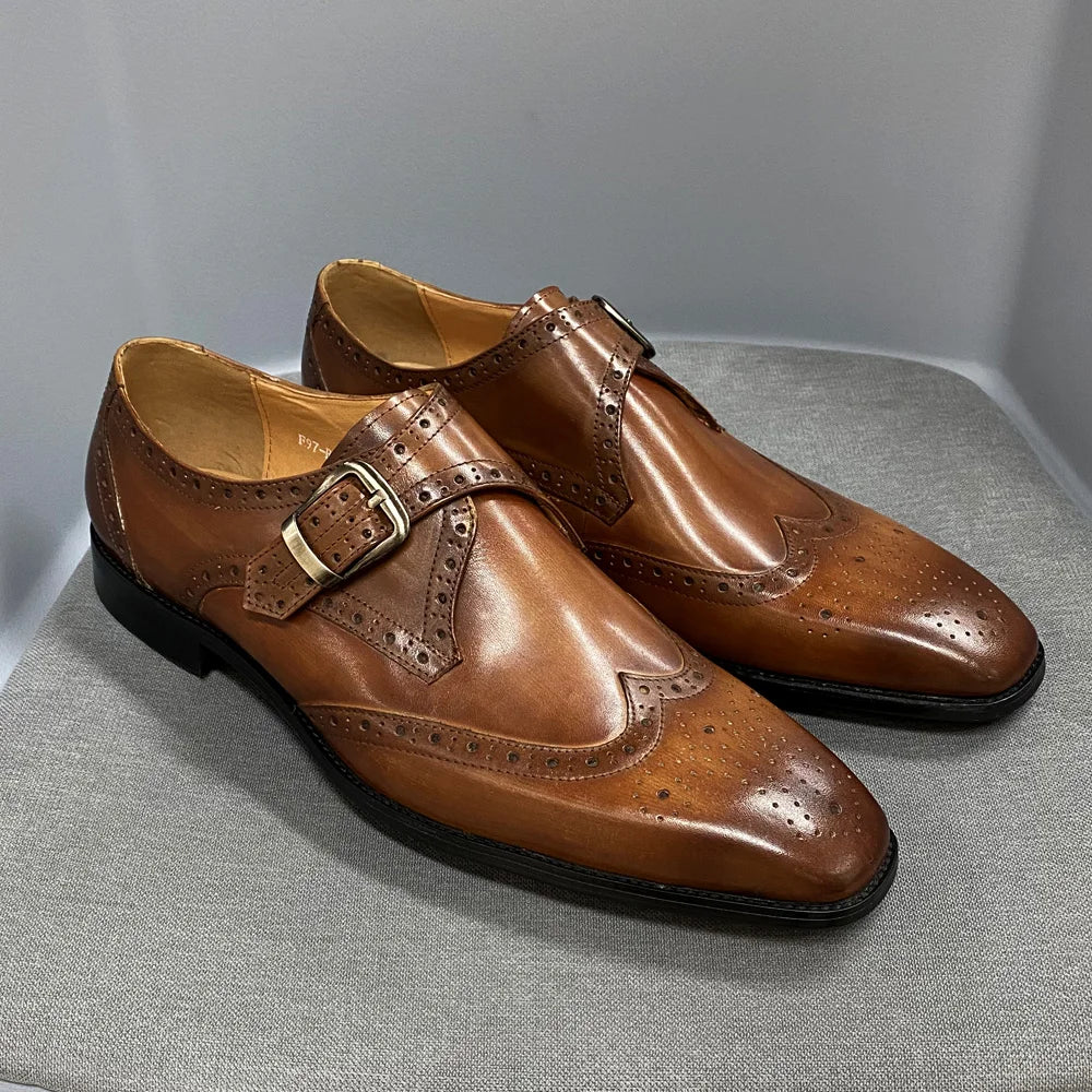 Men’s Luxury Leather Dress Shoes – Italian Wingtip Oxfords & Monk Strap Buckle Brogue for Business, Wedding & Formal Wear
