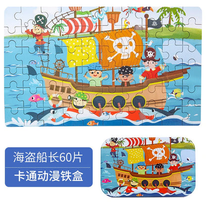 60PCS Wooden Puzzle Toys – Cartoon Vehicle & Animal Jigsaw for Kids’ Learning & Educational Play