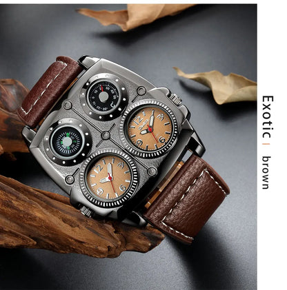 Oulm Men’s Two Time Zone Army Pilot Watch — Large Military Quartz Leather Strap Wristwatch