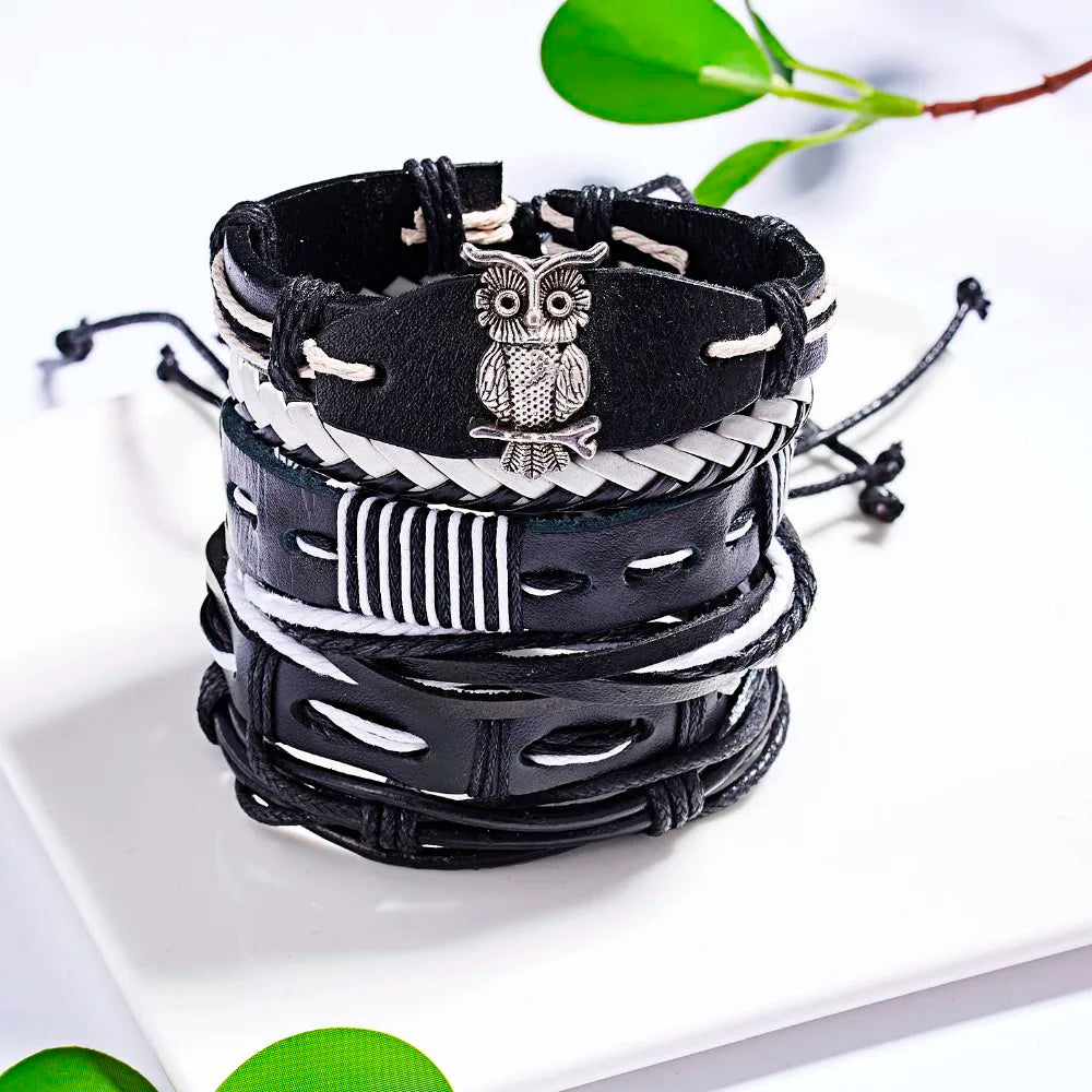 Men's Vintage Multilayer Leather Braid Bracelet - Handmade Star, Leaf & Owl Rope Wrap Bangle, Male Gift Jewelry