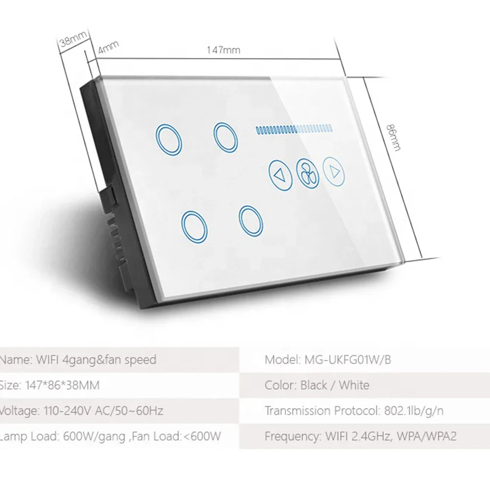 Tuya WiFi Smart Light Switch – 4 Gang Touch Panel, Fan Speed Dimmer, Power Metering, Alexa & Google Home Compatible