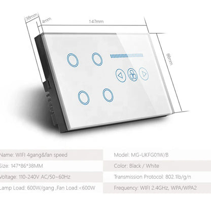 Tuya WiFi Smart Light Switch – 4 Gang Touch Panel, Fan Speed Dimmer, Power Metering, Alexa & Google Home Compatible