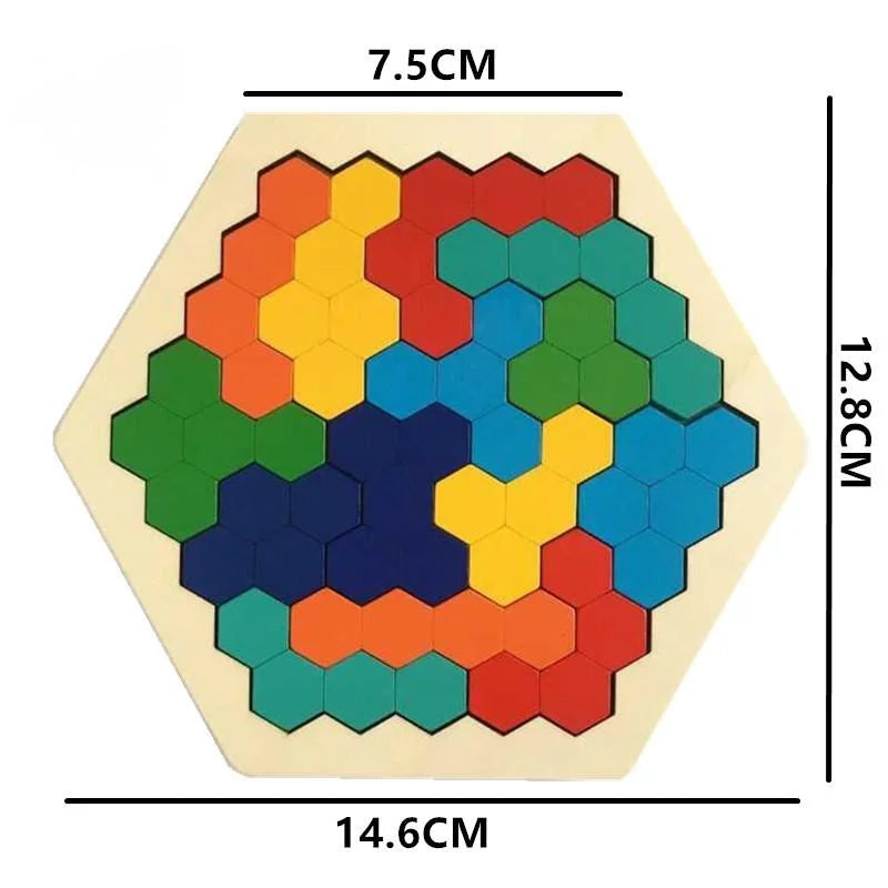 Hexagonal Wooden Puzzles – IQ Brain Teaser Game, Educational Tangram Toy for Kids & Adults, Montessori Gift for Cognitive Development