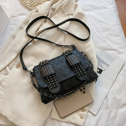 Vintage Skull Rivet PU Leather Shoulder Bag — Women’s Black Crossbody Flap Messenger Handbag