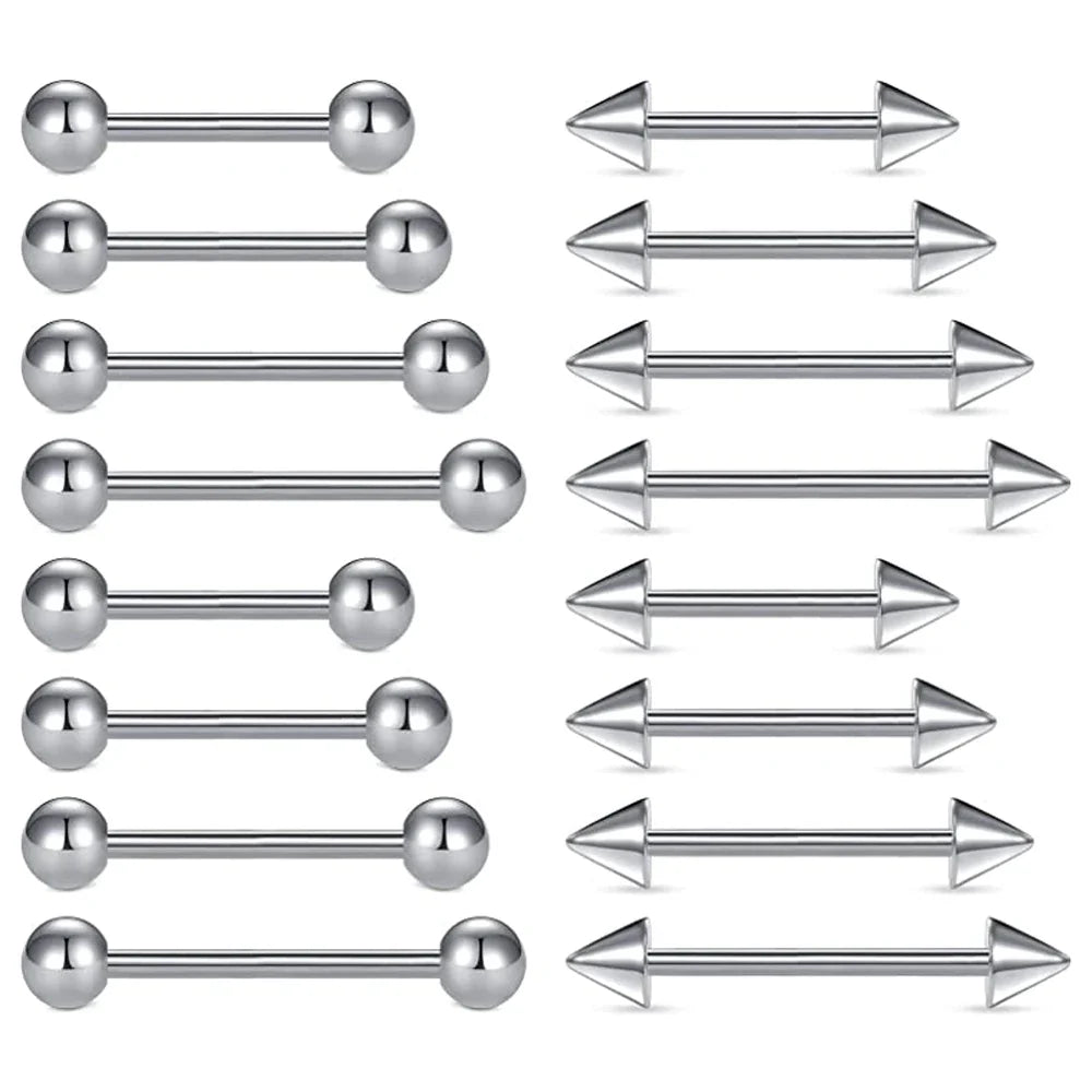 16pcs Stainless Steel Piercing Barbells - 14G Nipple Rings Tongue Rings Straight Bar Jewelry for Women Men