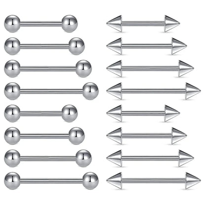 16pcs Stainless Steel Piercing Barbells - 14G Nipple Rings Tongue Rings Straight Bar Jewelry for Women Men