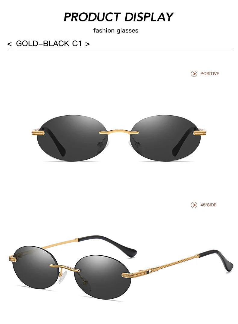 Retro Oval Rimless Sunglasses – Blue Mirror Gold Metal UV400 for Men & Women