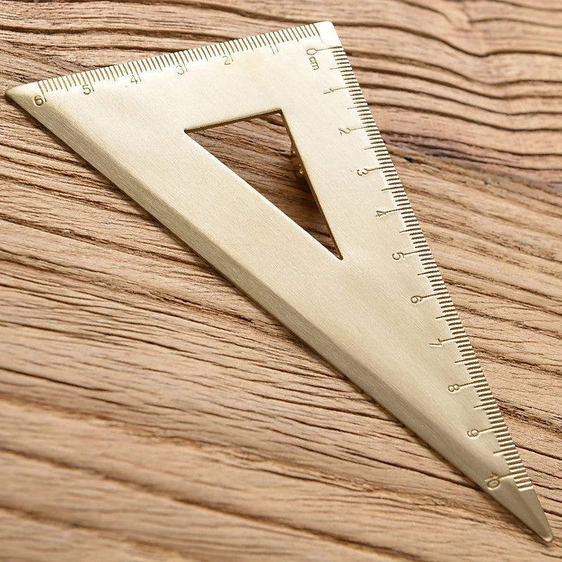 Vintage Brass Straight Ruler — Metal Triangle Protractor Measuring Tool for Students
