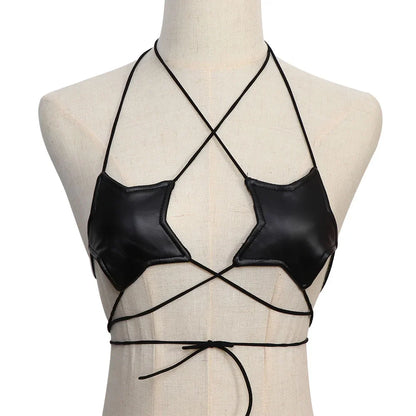 Turn Heads: Sexy Leather Star Shape Strappy Bra - Reflective Silver Nightclub Vest for Women, Bustier Crop Top Bralette