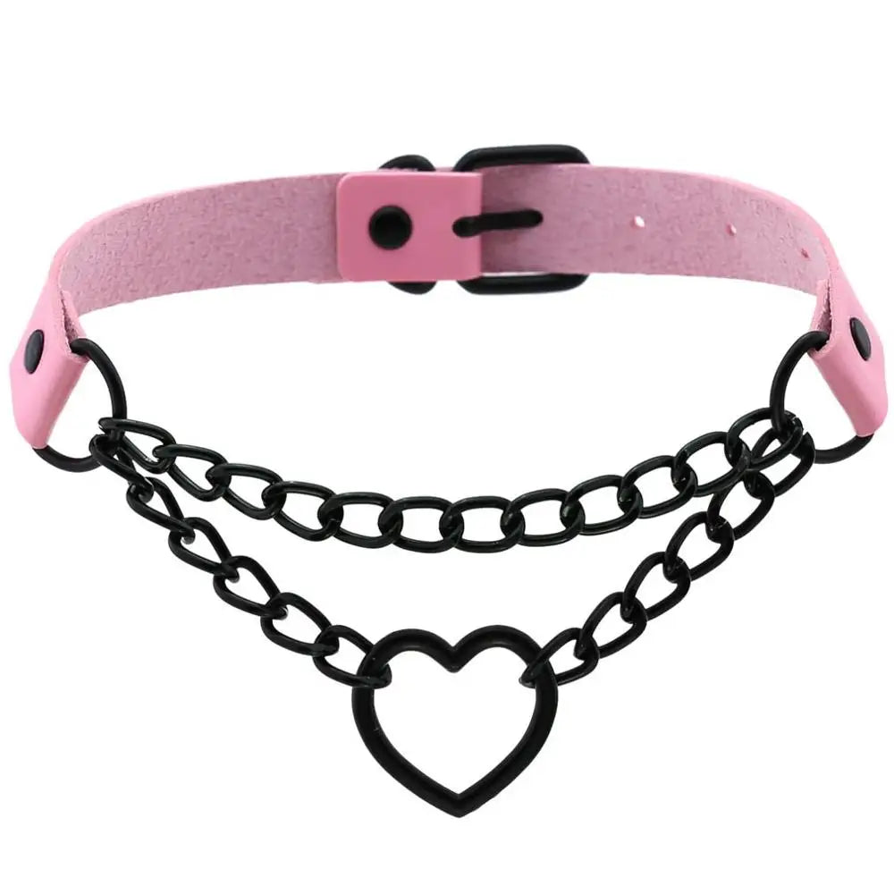 Vintage Heart Necklace Choker – Goth Collar with Chain, Grunge Punk, Cute Kawaii Egirl Harajuku Accessories for Girls