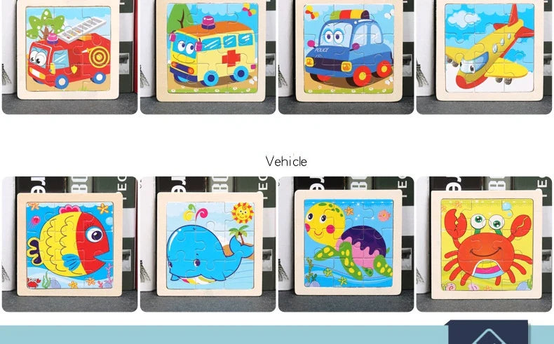 11cm Kids Wooden Jigsaw Puzzle – Cartoon Animal & Vehicle Montessori Educational Toys
