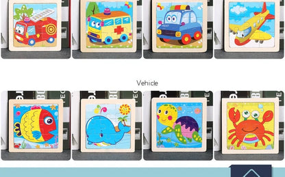 11cm Kids Wooden Jigsaw Puzzle – Cartoon Animal & Vehicle Montessori Educational Toys