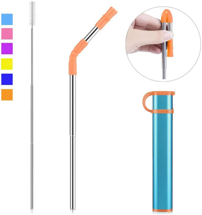 Reusable Collapsible Stainless Steel Straw Kit - Portable Straw with Case, Tip, and Cleaning Brush for Travel, Parties, and Home Use