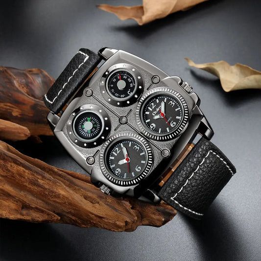 Oulm Men’s Two Time Zone Army Pilot Watch — Large Military Quartz Leather Strap Wristwatch