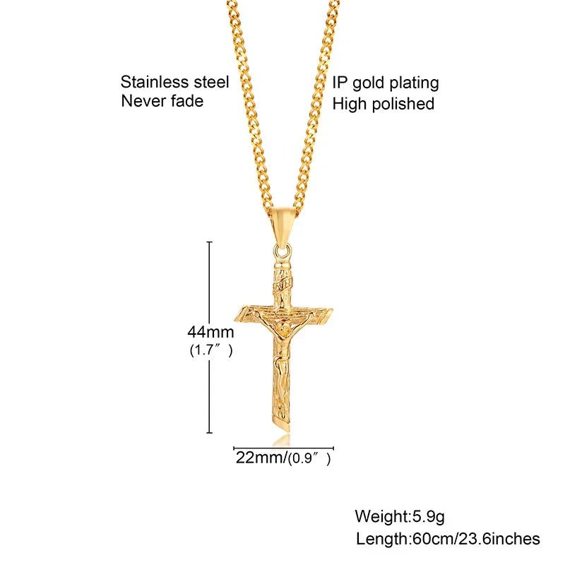 Vnox Cross Necklace for Men & Women – Gold Stainless Steel Jesus Pendant, Catholic Faith Jewelry for Church Prayer