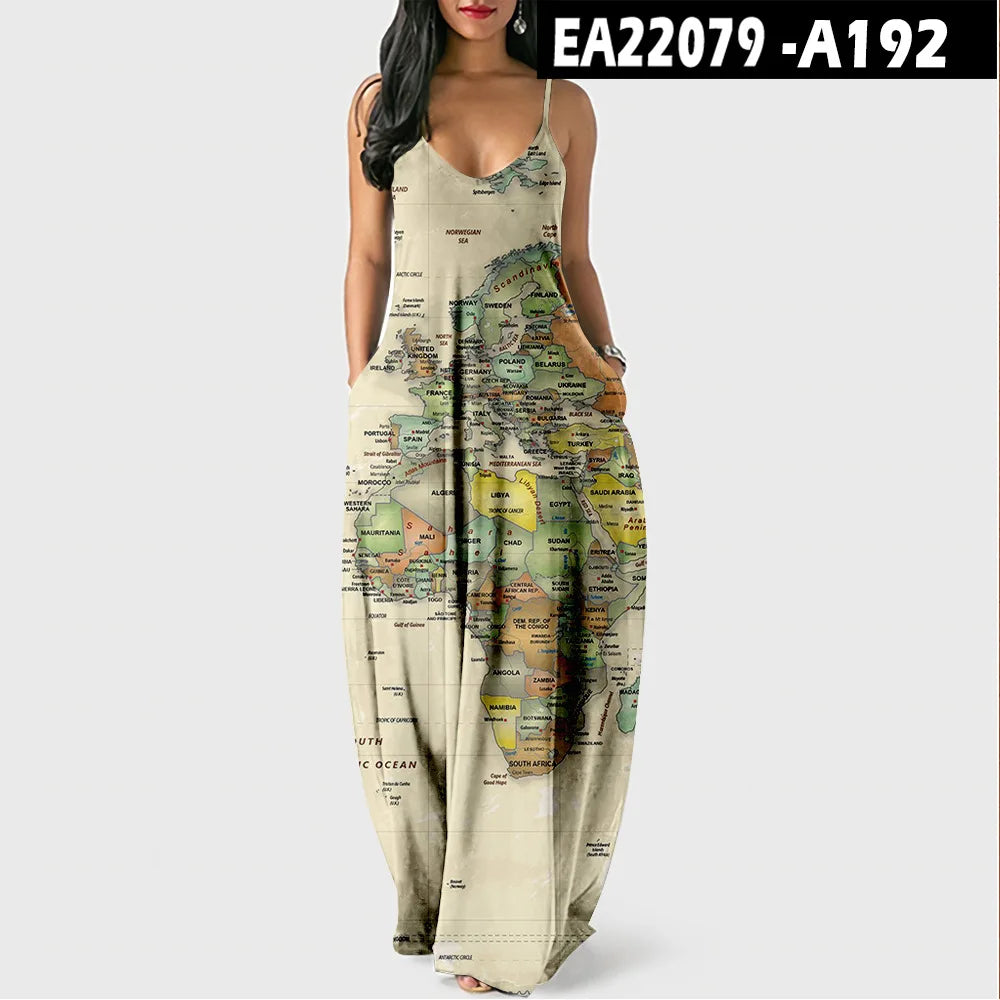 Women’s World Map Beach Dress – Elegant Sexy Long Sundress with Irregular Hem, Sleeveless Spaghetti Straps, Plus Size Summer Dress