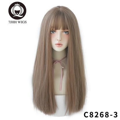 7JHHWIGS Long Straight Light Brown Synthetic Wig with Bangs – Heat-Resistant Daily Wear Wig for Women
