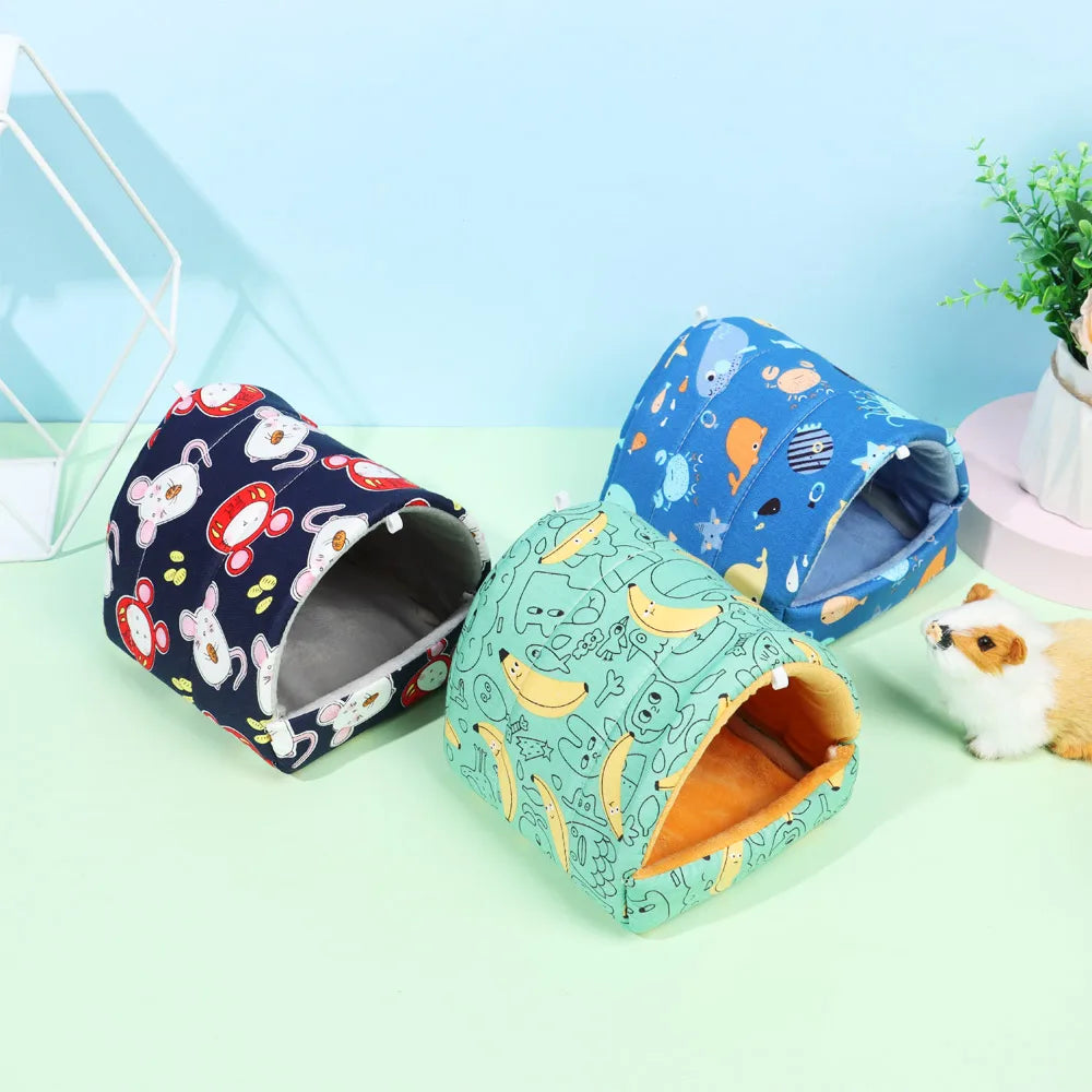 Cute Cartoon Rabbit & Squirrel Mini Pet Cage — Warm Winter Bed House for Hamsters, Mice, Rats & Guinea Pigs