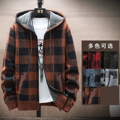 Men's Winter Plaid Hooded Cardigan – Warm Wool Fleece Zipper Jacket Knit Sweater Coat