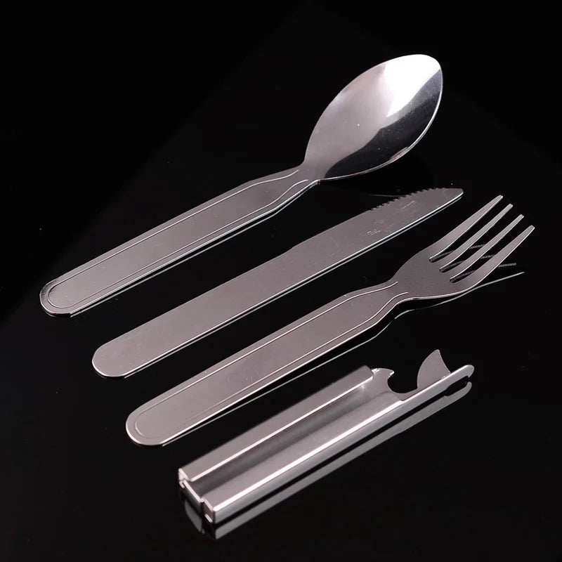 4 Piece Portable Stainless Steel Tableware Set - Foldable Knife, Spoon, Fork, and Utensil for Camping and Cooking