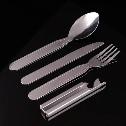 4 Piece Portable Stainless Steel Tableware Set - Foldable Knife, Spoon, Fork, and Utensil for Camping and Cooking