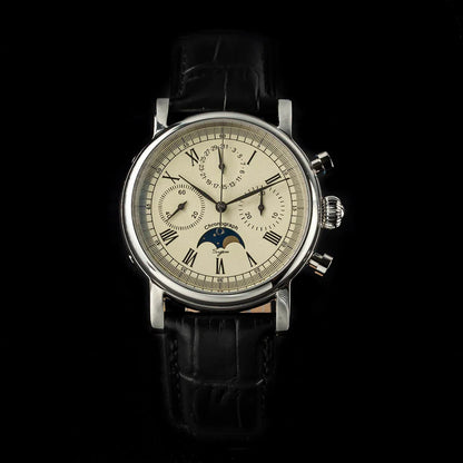 Sugess ST1908 Mechanical Chronograph Watch for Men – Swan Neck Movement, Moonphase Calendar, Vintage Leather Strap, 2023 Model