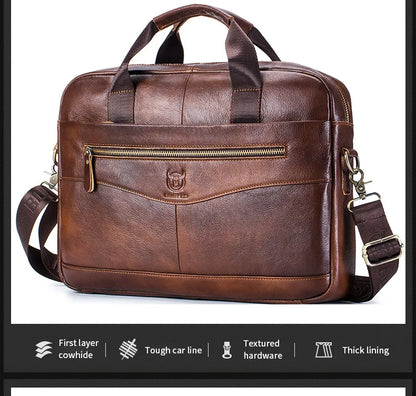BULLCAPTAIN Men's Genuine Leather Briefcase – 14-Inch Laptop Shoulder Messenger Bag for Business & Office