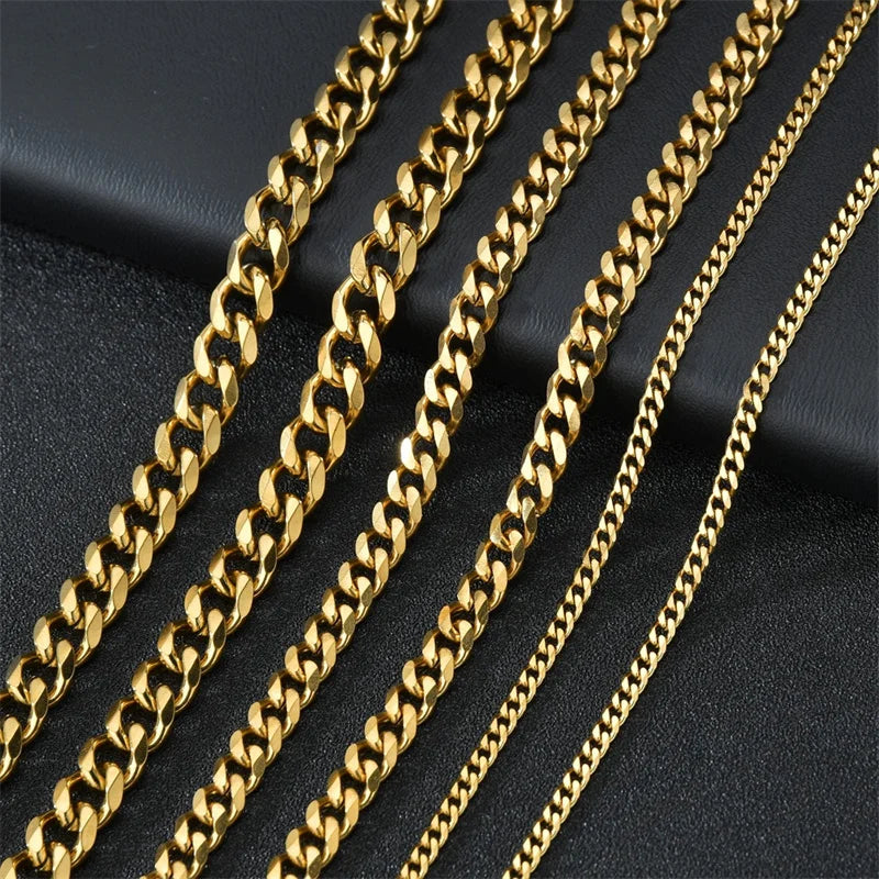 Basic Punk Cuban Chain Necklace – 3mm/5mm/7mm Stainless Steel Curb Link Choker for Men & Women, Black & Gold Colors