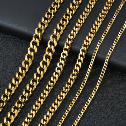 Basic Punk Cuban Chain Necklace – 3mm/5mm/7mm Stainless Steel Curb Link Choker for Men & Women, Black & Gold Colors