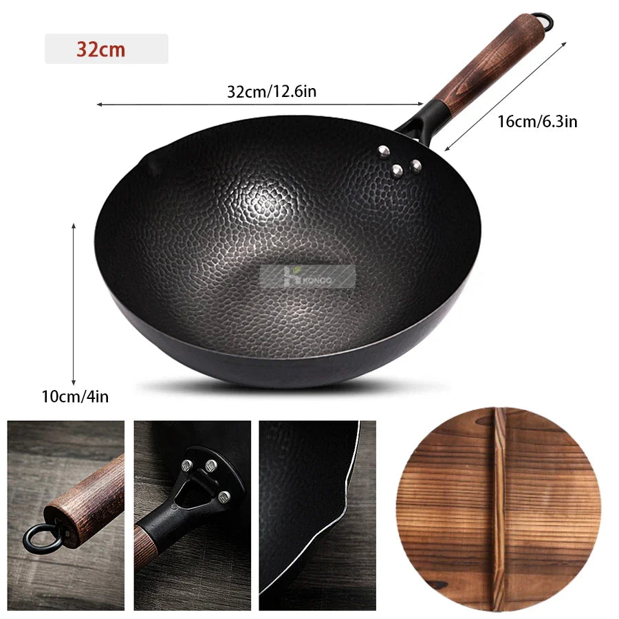 Konco 32cm Cast Iron Wok – Non-Coated Chinese Cookware Pan for Gas & Induction Kitchen Use