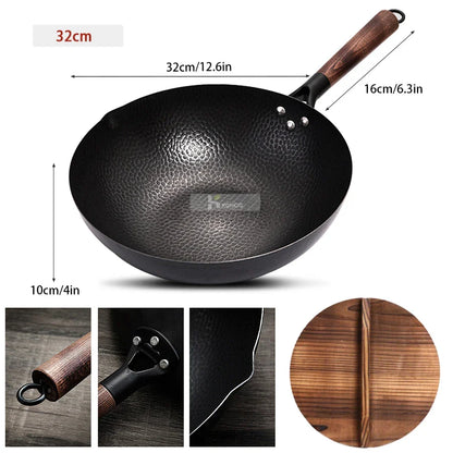 Konco 32cm Cast Iron Wok – Non-Coated Chinese Cookware Pan for Gas & Induction Kitchen Use