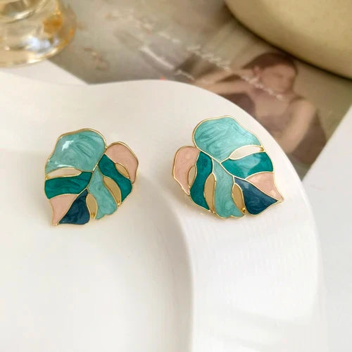 925 Silver Leaf Earrings for Women – Modern Geometric Green & White Trendy Jewelry Gift