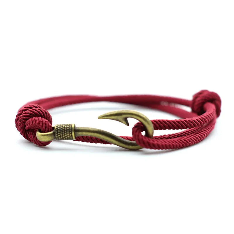 Vintage Fish Hook Men's Bracelet – Double Layer Braided Lucky Wine Red Adjustable Bracelet, Gift for Him