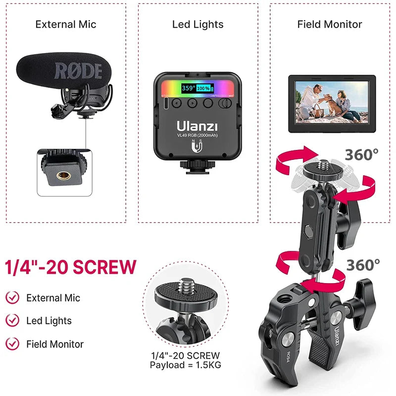 Ulanzi R094 Metal Super Clamp with 360° Ball Head Magic Arm, 1/4" & 3/8" Holes for DSLR Camera, Monitor, Light, Mic, and Rod Mount