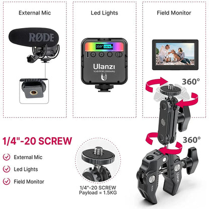 Ulanzi R094 Metal Super Clamp with 360° Ball Head Magic Arm, 1/4" & 3/8" Holes for DSLR Camera, Monitor, Light, Mic, and Rod Mount