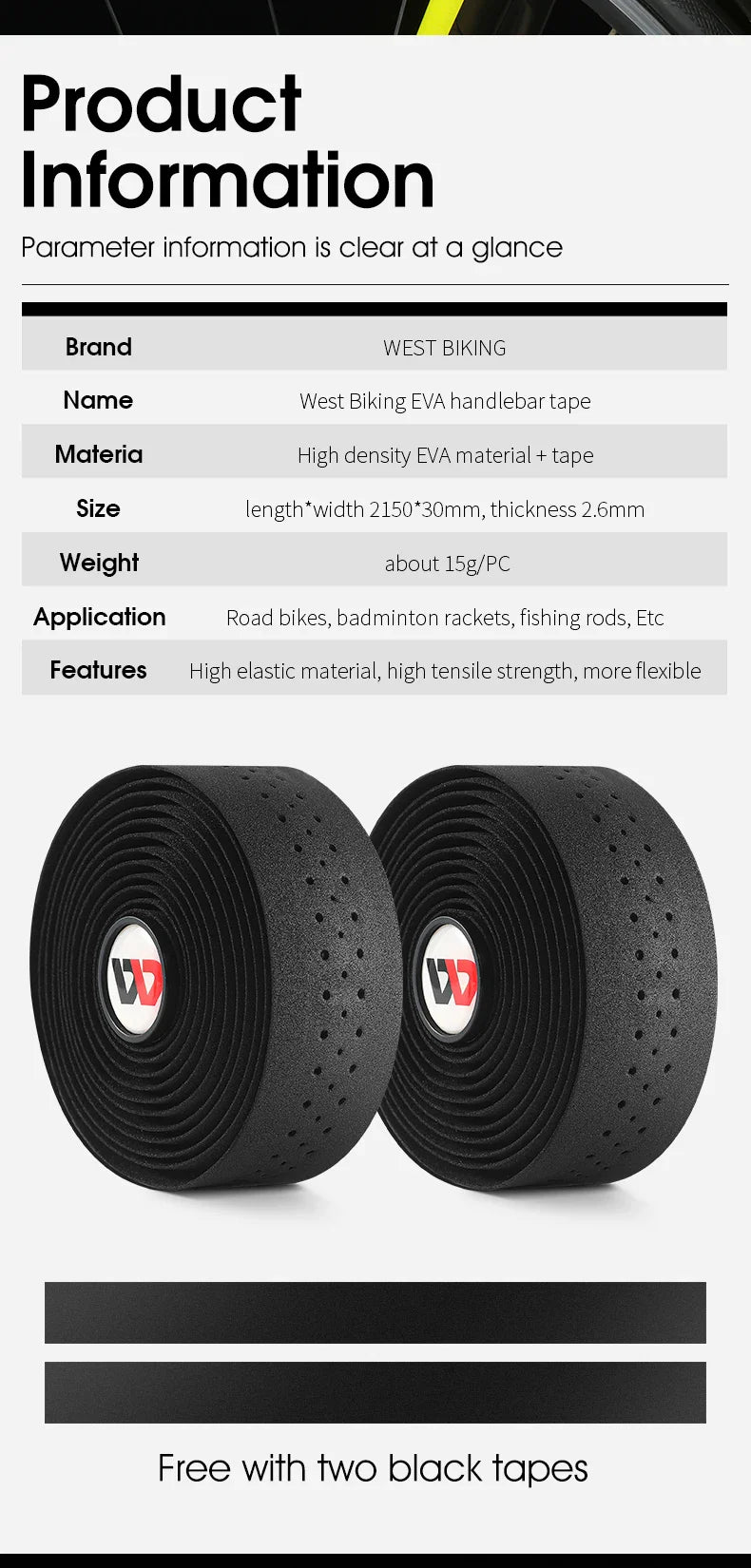 WEST BIKING EVA High Tenacity Handlebar Tape — Shock Absorbing Adhesive Bar Tape with Holes for Road Bikes