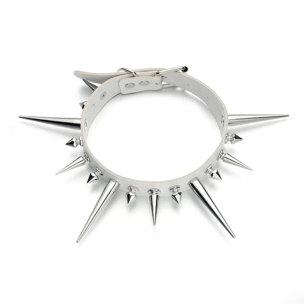 Punk Long Spike Choker – Studded Faux Leather Collar for Men & Women, Goth Rivet Necklace