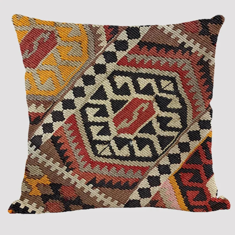 Bohemian Linen Cushion Cover – Multicolor Ethnic Geometric Pattern Decorative Pillow for Living Room Sofa