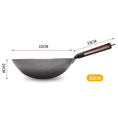 Hand Forged Household Iron Wok, Pure Iron Pan with Wooden Handle, Non-Coating, Non-Stick, for Gas Cooker
