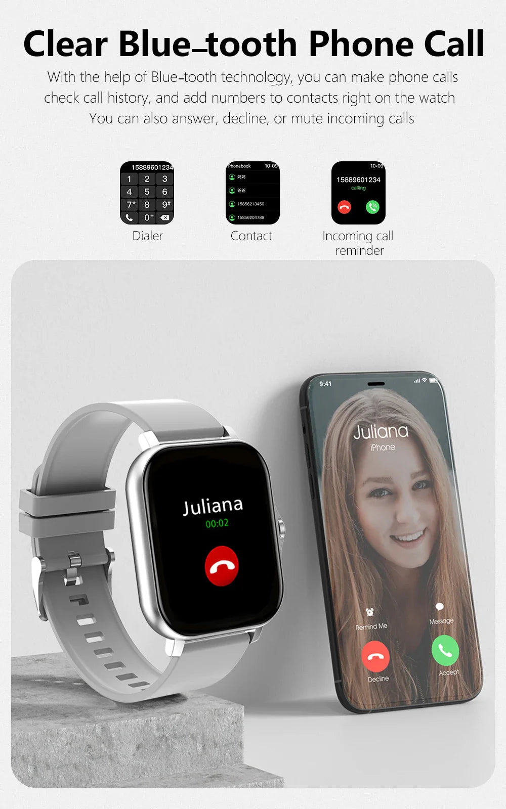 Smartwatch with Full Touch Screen — Call, Message Reminder, Music Control & Multi-Function Fitness Tracker, Compatible with iPhone & Android