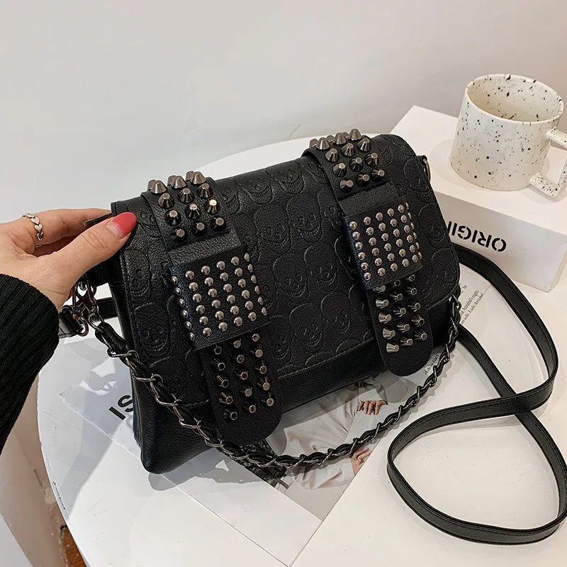 Vintage Skull Rivet PU Leather Shoulder Bag — Women’s Black Crossbody Flap Messenger Handbag